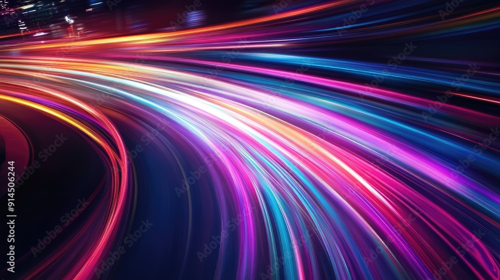 Poster long time exposure effect of colorful light trails with motion blur, illustrated in a vivid and dyna