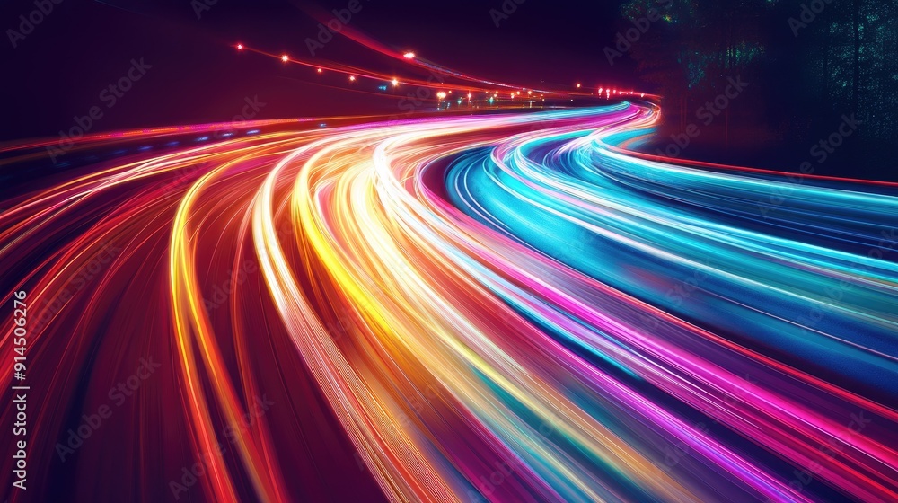 Poster long time exposure effect of colorful light trails with motion blur, illustrated in a vivid and dyna