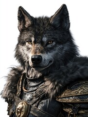 Fototapeta premium A wolf wears medieval armor, focused on the viewer