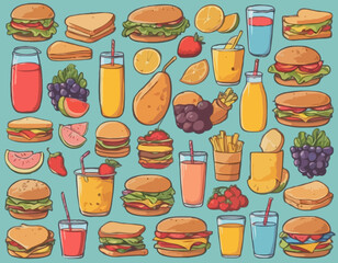 Set of breakfast or lunch meals. Food, drinks for Children school lunch boxes with meal, hamburger, sandwich, juice, snacks, fruit, vegetables.Vector collection

