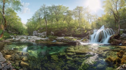 Naklejka premium Serene Waterfall in a Lush Forest