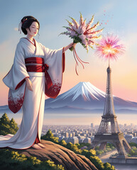 woman, dress, oriental, paris, france, eiffel tower, fireworks, fashion, beauty, sky, sunset, model, person, people, lady, hair, water, one, travel, red, outdoor,  wedding, outdoors,  wind,