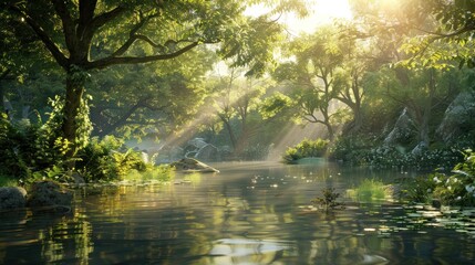 Naklejka premium Sunlight Streaming Through Trees Over a Tranquil Forest River