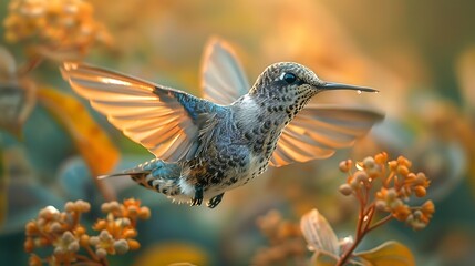 Fototapeta premium Macro shot capturing intricate detail of Bee Hummingbird Mellisuga helenae smallest bird specie world hovers near delicate flower sipping nectar tiny beak 