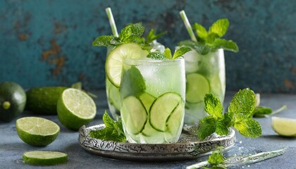 Fototapeta premium Refreshing Cucumber Mint Cooler with Lime