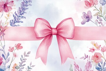 Whimsical Floral Banner with Pink Bow, Cute Watercolor Design for Invitations and Parties Generative AI