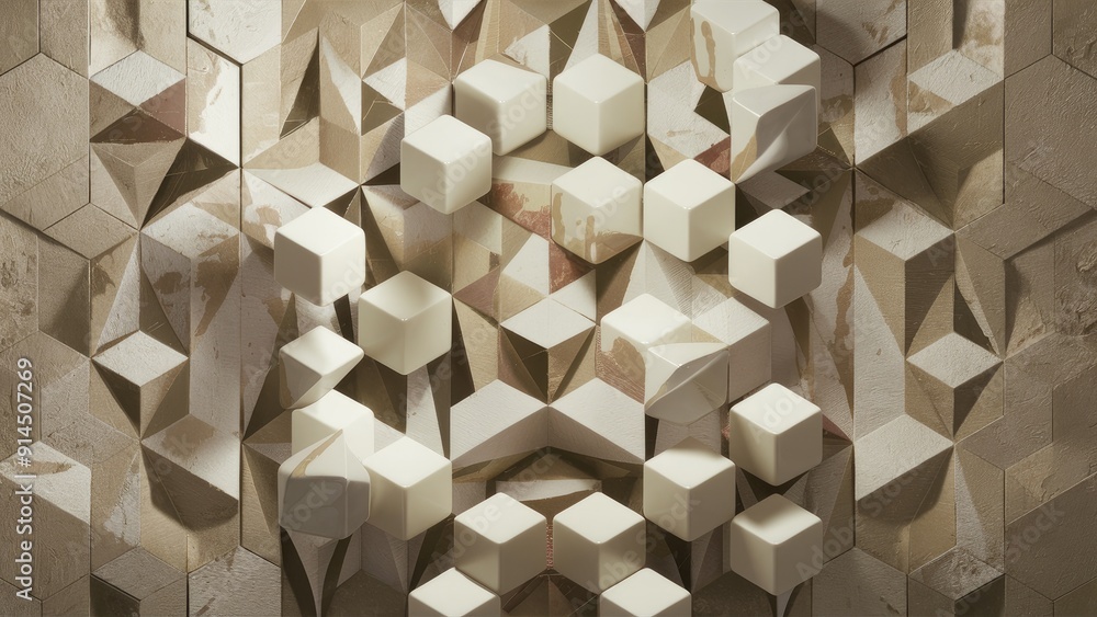 Poster geometric abstract cubes and hexagonal mosaic tile pattern in white and gray tones featuring a vinta