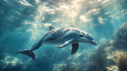 Fototapeta premium A dolphin swimming under the water's surface in the middle of the ocean on a sunny day.
