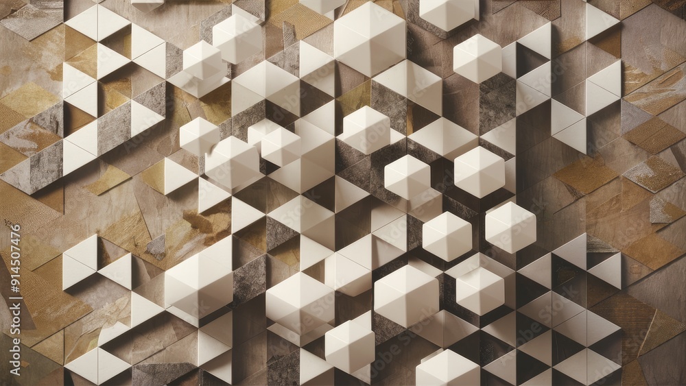 Poster geometric abstract cubes and hexagonal mosaic tile pattern in white and gray tones featuring a vinta