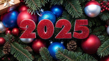 Happy new year 2025 new year banner on the background of a Christmas tree and toys