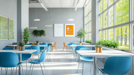 Bright Modern Cafeteria with Blue Chairs and Large Windows Overlooking Greenery