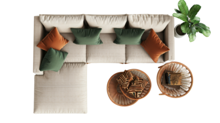 Cozy beige sofa top view on transparent background