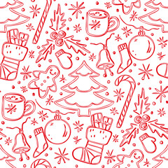 Seamless Christmas pattern in doodle style. Vector illustration.