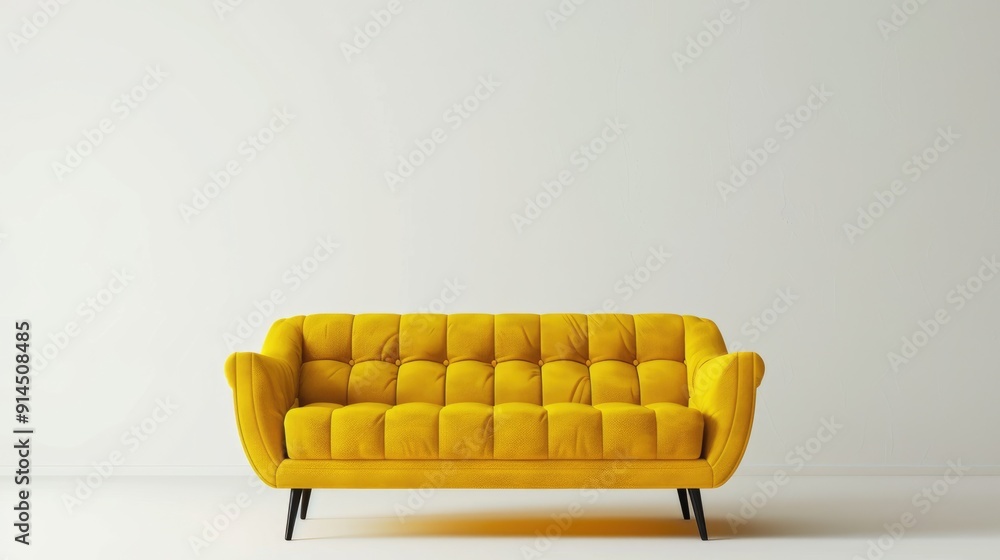 Poster Yellow sofa on white background, comfy fabric couch, isolated backdrop, copy space