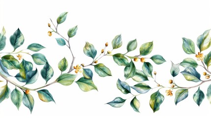 Watercolor Green Leaves Branch.