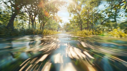 Obraz premium Driving through a sunlit forest road