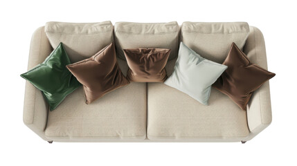Cozy beige sofa top view on transparent background