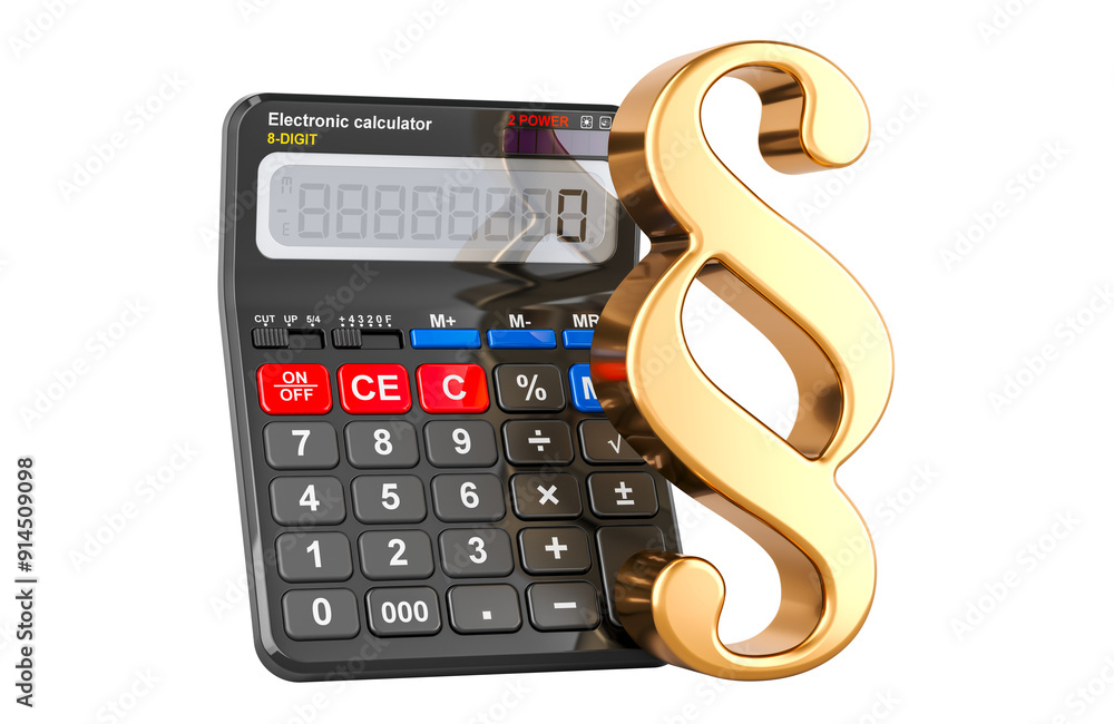 Poster calculator with section, paragraph symbol. 3d rendering isolated on transparent background