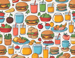 Set of breakfast or lunch meals. Food, drinks for Children school lunch boxes with meal, hamburger, sandwich, juice, snacks, fruit, vegetables.Vector collection
