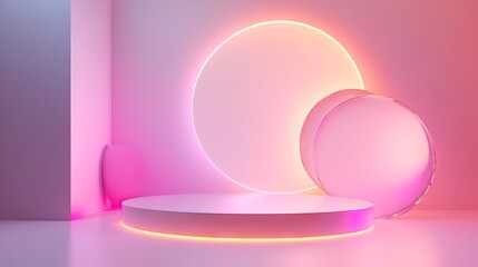 Obraz premium Neon gradient stage featuring elegant, shiny 3D shapes in a luminous arrangement. 3D render for contemporary and stylish design. -