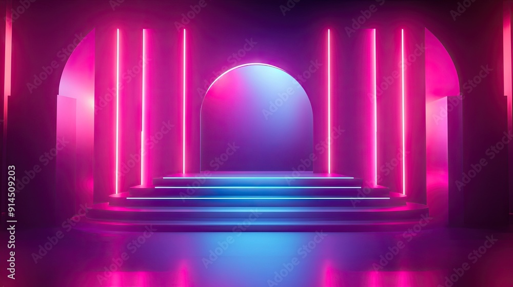 Poster neon gradient stage with luminous 3d shapes that shine with elegance. captivating 3d render for cont
