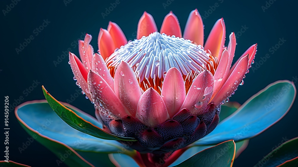 Poster magnificent protea bloom displaying its unique shape and vibrant colors its large petals resembling 