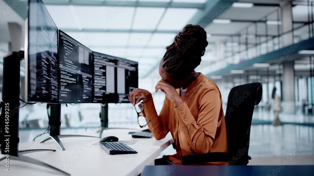 Wall mural unhappy sad developer programmer woman in stress coding software on computer