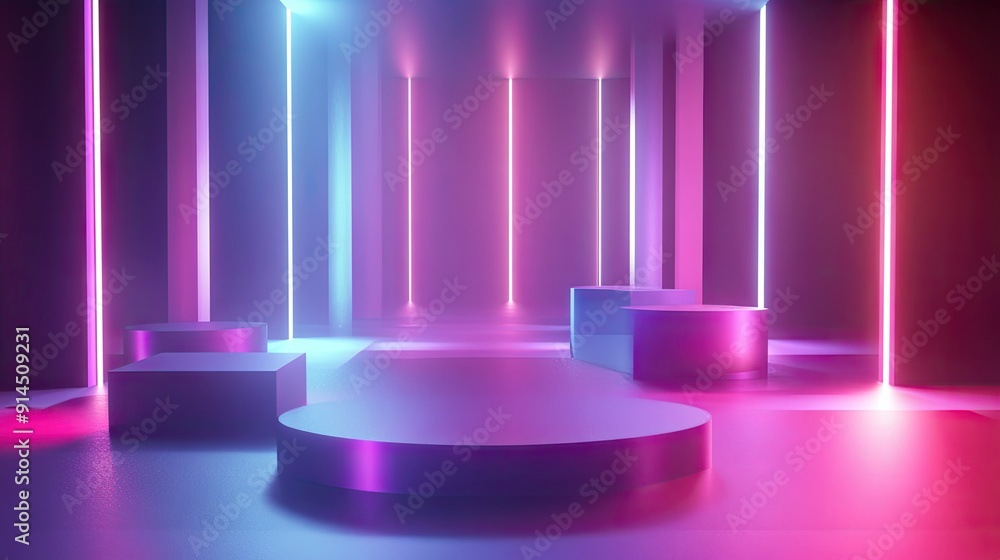 Poster neon gradient stage featuring luminous 3d shapes with a shiny finish, rendered in an elegant and fut