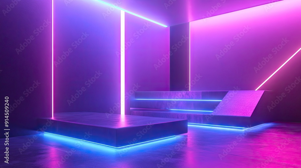 Poster neon gradient stage with luminous 3d shapes that shine with elegance. captivating 3d render for cont