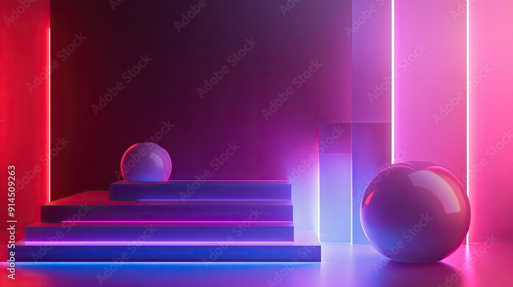 Poster neon gradient stage with luminous, shiny 3d shapes, showcasing elegant 3d rendering. ideal for moder