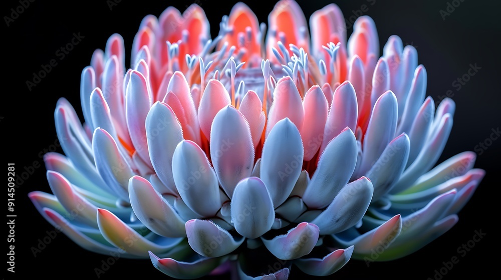 Poster magnificent protea bloom displaying its unique shape and vibrant colors its large petals resembling 
