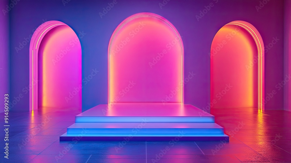 Poster neon gradient stage with luminous, shiny 3d shapes, showcasing elegant 3d rendering. ideal for moder