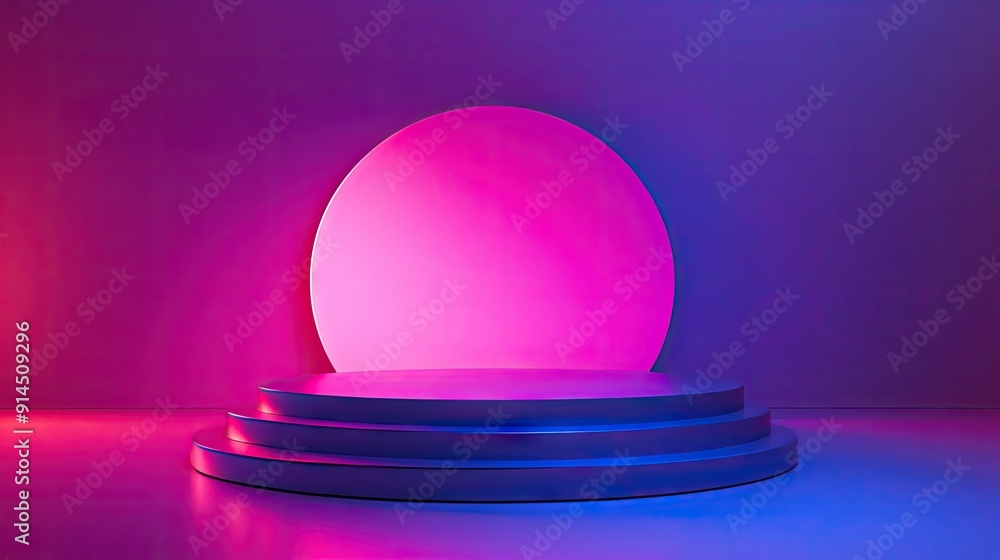 Poster neon gradient stage with luminous 3d shapes that shine with elegance. captivating 3d render for cont