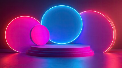 Obraz premium Neon gradient stage with luminous, shiny 3D shapes, showcasing elegant 3D rendering. Ideal for modern art and futuristic design.