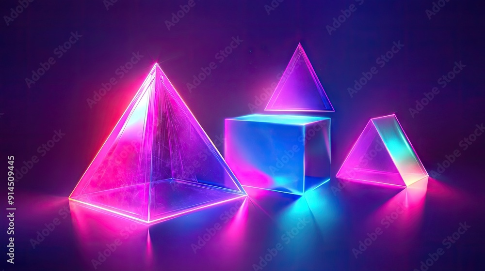 Poster neon holographic geometric shapes including a cube, rectangular cuboid, and pyramid prism, presented