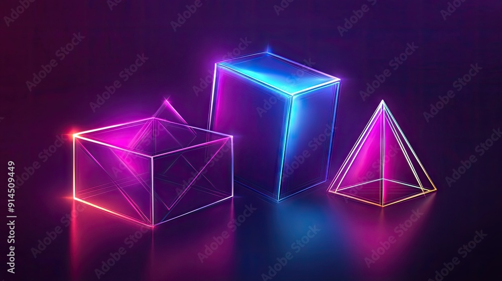 Poster neon holographic geometric shapes including a cube, rectangular cuboid, and pyramid prism, presented