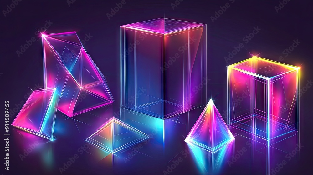 Poster neon holographic geometric shapes including a cube, rectangular cuboid, and pyramid prism, presented