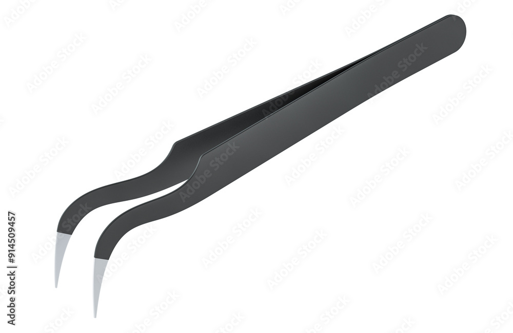 Poster anti static metal tweezers with pointed curved tips. 3d rendering isolated on transparent background