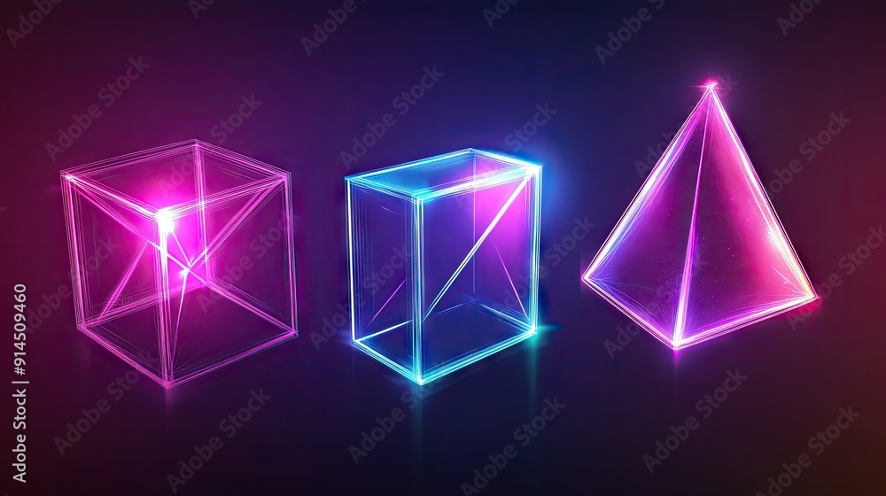 Poster neon holographic geometric shapes including a cube, rectangular cuboid, and pyramid prism, presented