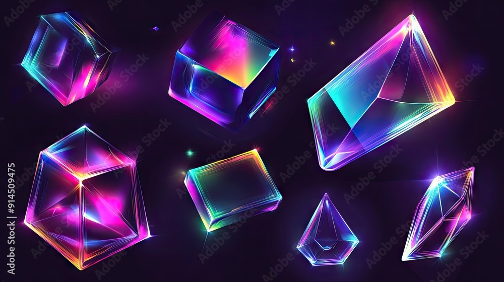 Poster neon holographic geometric shapes including a cube, rectangular cuboid, and pyramid prism, depicted 