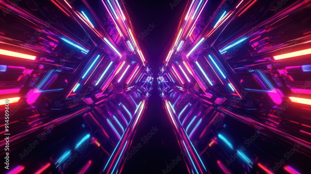 Poster neon-lit dark abstract background showcasing geometric shapes, rays, and multi-color lights with a s