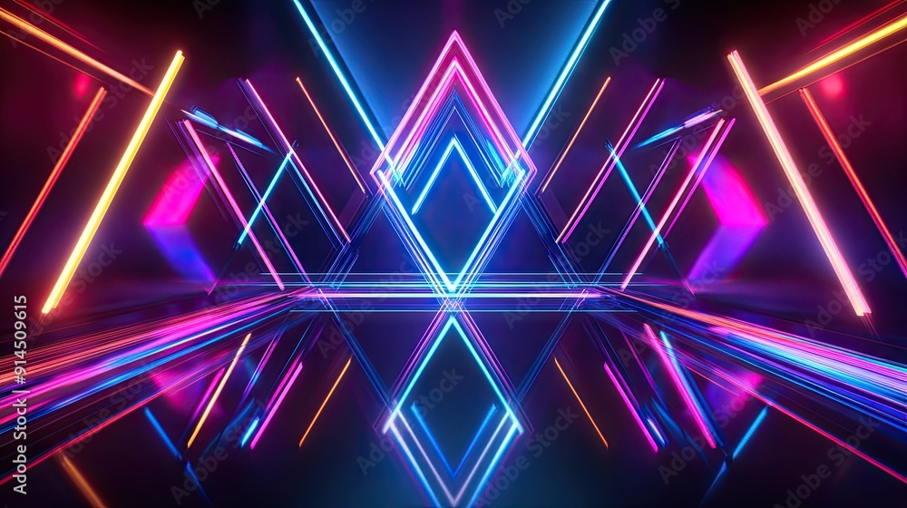 Poster neon-lit dark abstract background showcasing geometric shapes, rays, and multi-color lights with a s