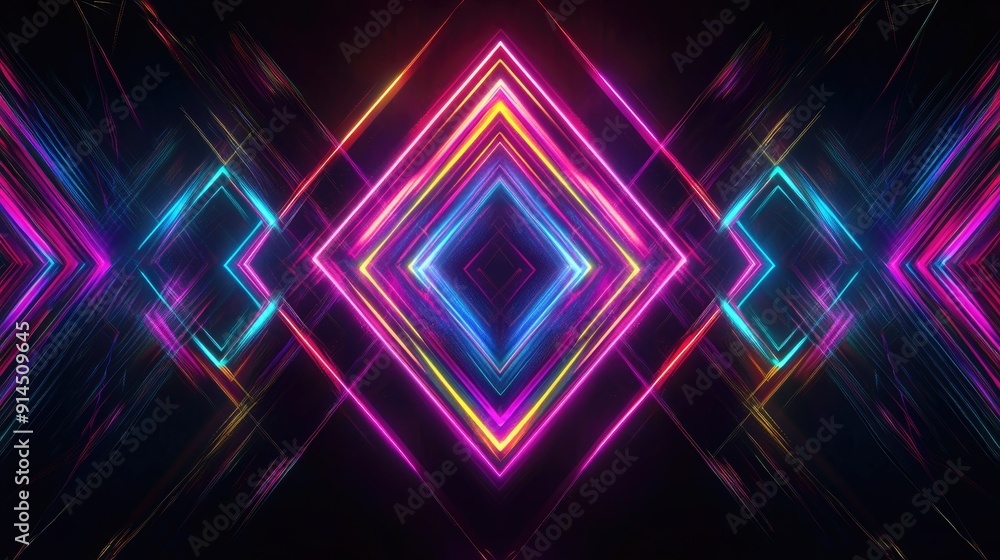 Poster neon-lit dark abstract background showcasing geometric shapes, rays, and multi-color lights with a s