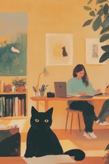 Fototapeta premium Cozy Home Office with Black Cat, Woman Working on Laptop, and Warm Interior Lighting