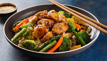 Fototapeta premium Vibrant Stir-Fry: Golden Chicken Thighs in Spicy Sauce with Fresh Vegetables, Garlic, and Sriracha, Served in a Rustic Bowl with Rice