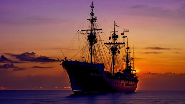 A stunning tall ship gracefully sails across the ocean as the sun sets, creating a breathtaking silhouette against the vibrant colors of the sky. The warm hues reflect off the water, enhancing the bea
