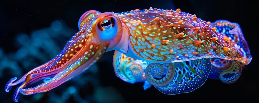 Mysterious cuttlefish displaying changing colors, 4K hyperrealistic photo