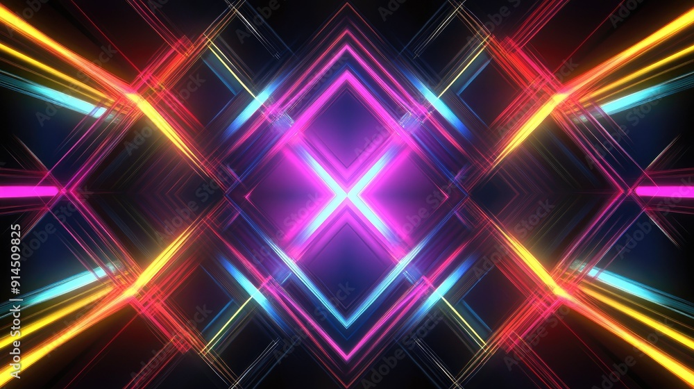Poster night view of a dark abstract background with glowing neon lines and geometric shapes, showcasing mu