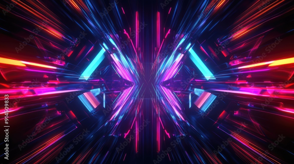 Poster night view of a dark abstract background with glowing neon lines and geometric shapes, showcasing mu