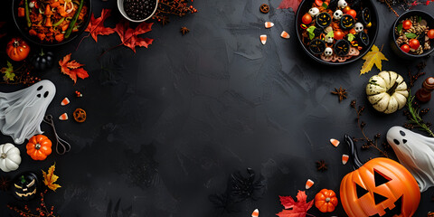 Halloween flat lay with spooky decorations, food, and autumn leaves